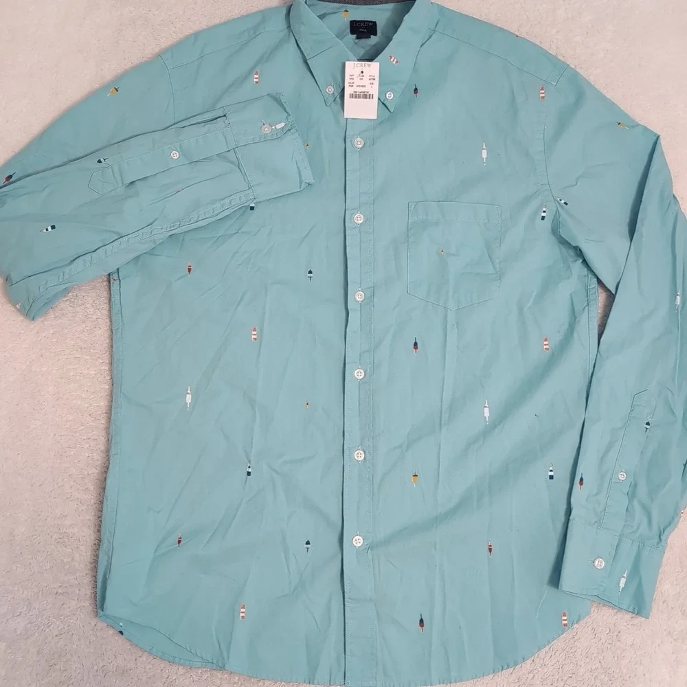 NEW J.Crew Mens Shirt L Slim Fit Buoys Nautical Aqua Blue‎ Long Sleeve Button